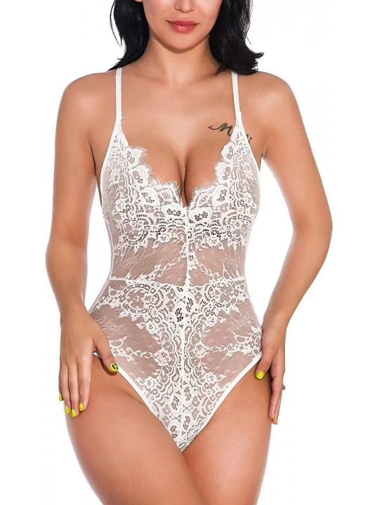 Shapewear Women Sexy Eyelash Lace Bodysuit One Piece Snap Crotch Teddy Lingerie - White - CC18TSU36WY $11.34