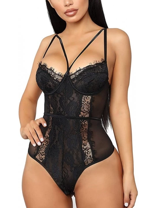 Shapewear Women's Sexy Eyelash Lace Backless Bodysuit- Deep V Hollow Out One Piece Teddy See Through Lingerie Underwear - Bla...