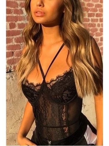 Shapewear Women's Sexy Eyelash Lace Backless Bodysuit- Deep V Hollow Out One Piece Teddy See Through Lingerie Underwear - Bla...