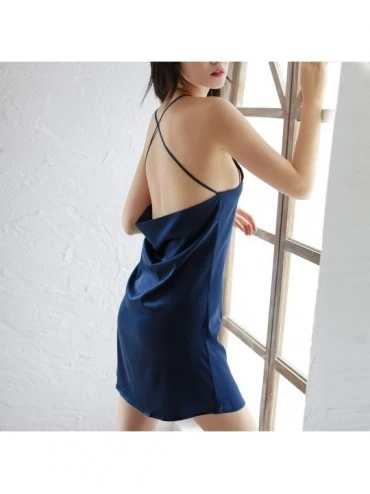 Nightgowns & Sleepshirts Women's Petite Backless Silk Nightgown Short Luxury Lingerie Soft Satin Sleep Dress - Navy - C118UYC...