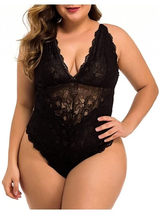 Baby Dolls & Chemises Lingerie for Women Teddy One Piece Lace Babydoll Bodysuit - Black - CO197KU7CAU $17.48