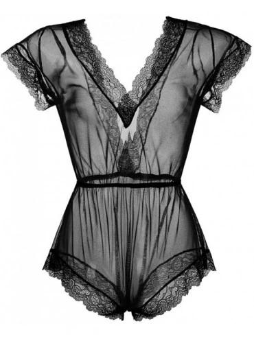 Bustiers & Corsets Open Back Hollow Pajamas Women Lace Underwear Thongs Jumpsuit Bodysuit Lingerie - Black - CR193DNRMEI $13.52