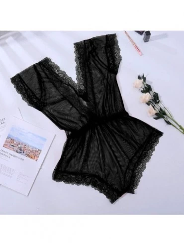 Bustiers & Corsets Open Back Hollow Pajamas Women Lace Underwear Thongs Jumpsuit Bodysuit Lingerie - Black - CR193DNRMEI $13.52