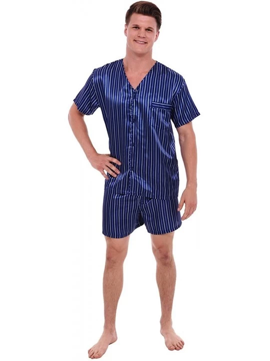 Sleep Sets Mens Satin Pajamas- Short V-Neck Pj Set - Blue Striped - CR124LC5R5H $36.55