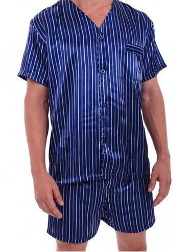 Sleep Sets Mens Satin Pajamas- Short V-Neck Pj Set - Blue Striped - CR124LC5R5H $36.55