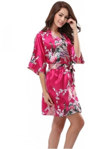 Robes Women's Kimono Robe Pockets- Peacock Design- Short - Fuchsia - CJ12NH1TVML $37.43