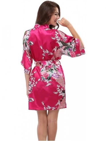 Robes Women's Kimono Robe Pockets- Peacock Design- Short - Fuchsia - CJ12NH1TVML $37.43