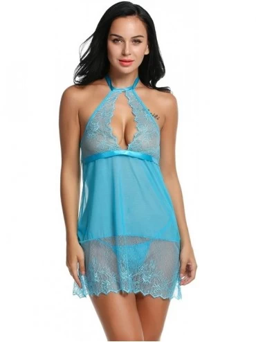 Baby Dolls & Chemises Women Halter Babydoll Lace Lingerie Dress Sexy Chemise Sleepwear Blue XX-Large - CG18E8OHSIE $7.80