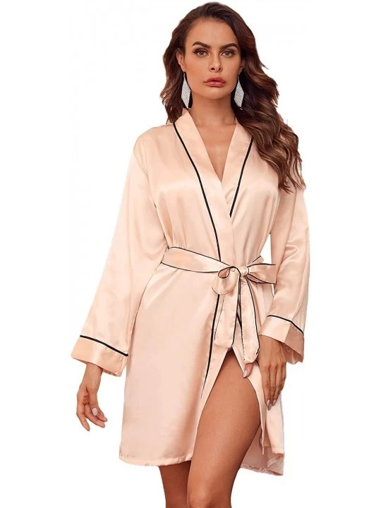 Robes Women's Striped Bridesmaid Satin Kimono Oblique V Neck Bathrobe Robes - Pink Black - C7199RATHKE $9.60