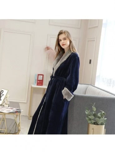 Robes Women Men Flannel Robe Long Warm Bathrobes Plush Fleece Nightgown Housecoat with Two Pockets Loungewear - Navy - C818AL...