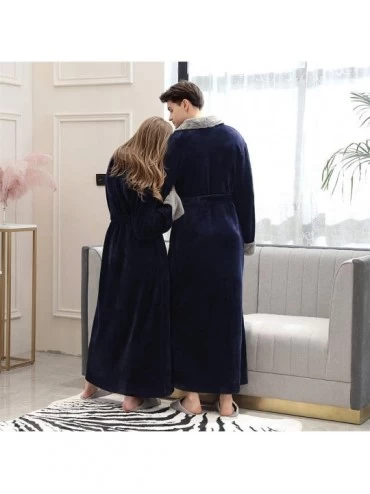 Robes Women Men Flannel Robe Long Warm Bathrobes Plush Fleece Nightgown Housecoat with Two Pockets Loungewear - Navy - C818AL...