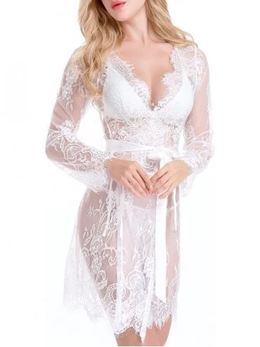 Robes Women's Floral Lace Robe Sexy Bathrobe Night Dressing Sleepwear - White - C0185N8YLYM $24.76