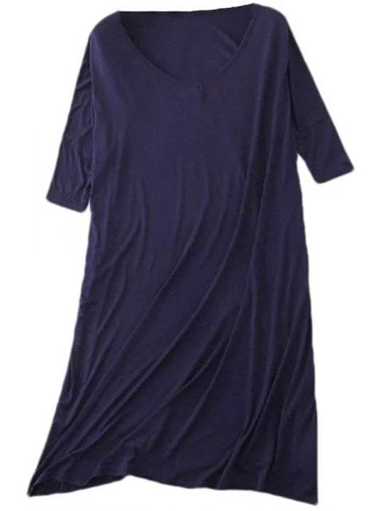 Tops Women V Neck Half Sleeve Mid-Length Pure Color Relaxed Plus-Size Loungewear - Navy Blue - CE190X070I9 $21.82