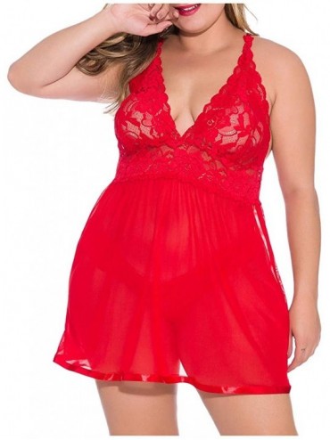 Garters & Garter Belts Women Lingerie Lace Deep V-Neck Plus Size Sleepwear Babudoll Underwear Chemise Nightdress - Z02-red - ...