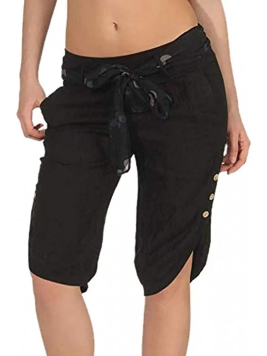 Bottoms Women Capri Pants Plus Size Summer Loose Lounge Belt Pockets Pants with Button Hem Decor - Black - CV18TGWIS3K $13.07