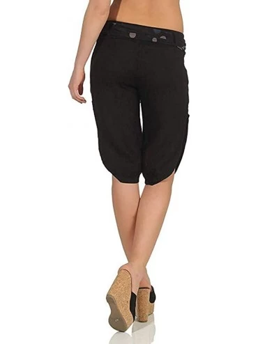 Bottoms Women Capri Pants Plus Size Summer Loose Lounge Belt Pockets Pants with Button Hem Decor - Black - CV18TGWIS3K $13.07