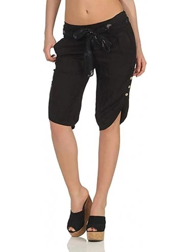 Bottoms Women Capri Pants Plus Size Summer Loose Lounge Belt Pockets Pants with Button Hem Decor - Black - CV18TGWIS3K $13.07