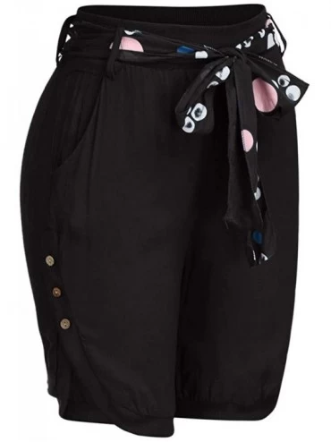 Bottoms Women Capri Pants Plus Size Summer Loose Lounge Belt Pockets Pants with Button Hem Decor - Black - CV18TGWIS3K $13.07