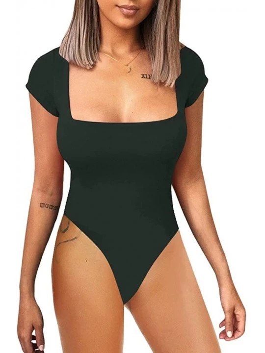 Shapewear Women's Square Neck Short Sleeve Solid Leotards Basic Top Bodysuit - Olive Green - CN18SHR8ZDX $12.62