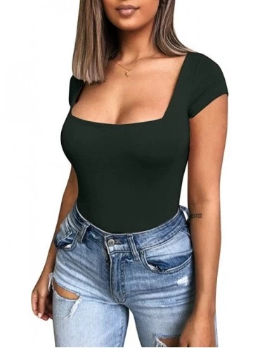 Shapewear Women's Square Neck Short Sleeve Solid Leotards Basic Top Bodysuit - Olive Green - CN18SHR8ZDX $12.62