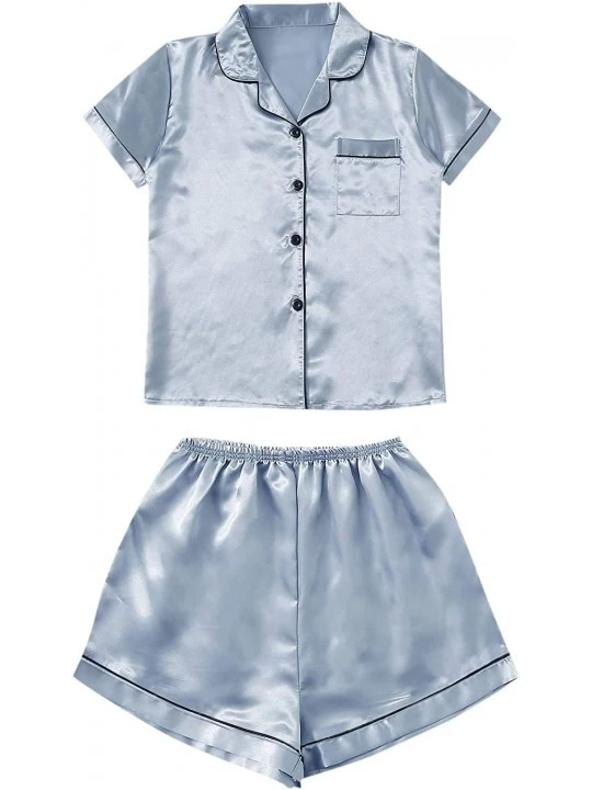 Sets Women's 2 Piece Short Sleeve Sleepwear Button Down Nightwear Satin Pajamas Set - Blue - C0197UXGGKD $23.84