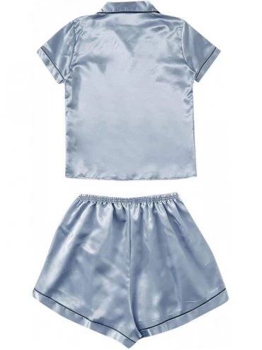 Sets Women's 2 Piece Short Sleeve Sleepwear Button Down Nightwear Satin Pajamas Set - Blue - C0197UXGGKD $23.84