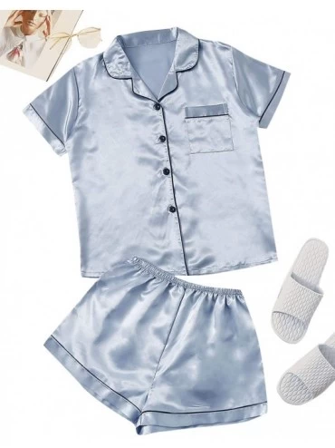 Sets Women's 2 Piece Short Sleeve Sleepwear Button Down Nightwear Satin Pajamas Set - Blue - C0197UXGGKD $23.84