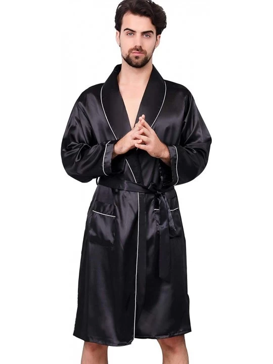 Robes Men's Luxurious Kimono Robe with Shorts Summer Printed Silk Satin Bathrobes - Black1 - CP18W9S9A2C $26.65