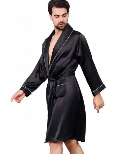 Robes Men's Luxurious Kimono Robe with Shorts Summer Printed Silk Satin Bathrobes - Black1 - CP18W9S9A2C $26.65