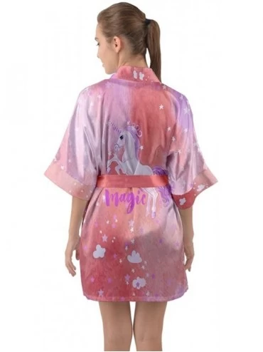 Robes Womens Cute Nightgown Galaxy & Rainbow Unicorn Print Comfy Kimono Robe Size XS-3XL - Orange & Purple - CL18ERGSHDN $34.73