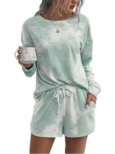 Sets Women's Pajamas Tie Dye Printed Long Sleeve Top Shorts Loungewear 2 Piece Sleepwear Pj Sets - Green White - C319DL55LRQ ...