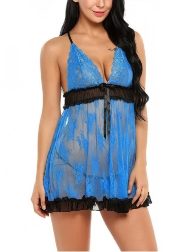 Baby Dolls & Chemises Sexy Lingerie For Women Lace Up Babydolls Mesh Chemises Backless Nightie - Blue1 - CR184C3NYHD $12.19