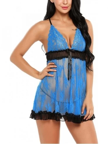 Baby Dolls & Chemises Sexy Lingerie For Women Lace Up Babydolls Mesh Chemises Backless Nightie - Blue1 - CR184C3NYHD $12.19