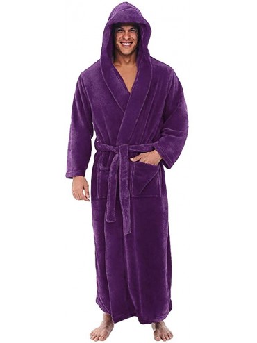 Robes Mens Cotton Terry Cloth Bathrobe Spa Robe Winter Lengthened Plush Bathrobe Home Clothes Robe Coat Hoodies Kimono - Purp...