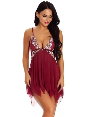 Baby Dolls & Chemises Women Lingerie Front Closure Babydoll Lace Chemise V Neck Mesh Sleepwear Nightie Nightgowns - Wine B - ...