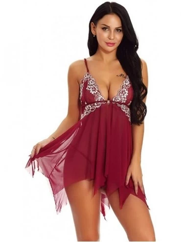 Baby Dolls & Chemises Women Lingerie Front Closure Babydoll Lace Chemise V Neck Mesh Sleepwear Nightie Nightgowns - Wine B - ...