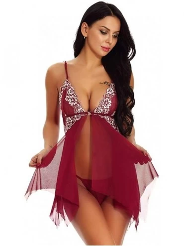 Baby Dolls & Chemises Women Lingerie Front Closure Babydoll Lace Chemise V Neck Mesh Sleepwear Nightie Nightgowns - Wine B - ...