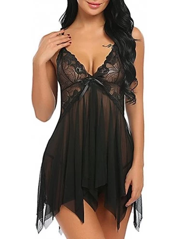 Baby Dolls & Chemises Lingerie for Women Lace Babydoll Dress Backless Halter Chemise - Black - CZ197E9ZMXU $13.84