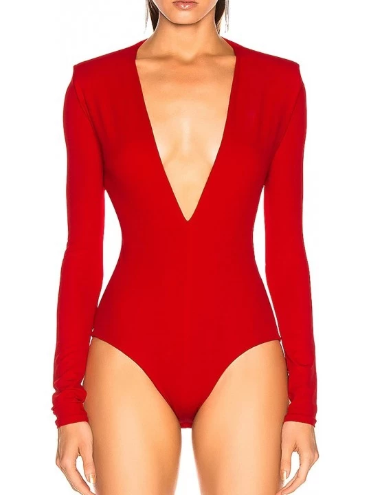 Shapewear Women's Stretch Fit Plunging Neckline Deep V Bodysuit Bodice Blouse Top Leotard - Red - CZ18X5QUZM2 $38.30