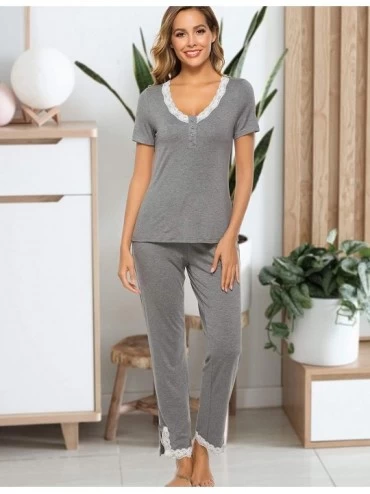 Sets Women Long Pajama Set Cotton Short Sleeve Tops & Pants Soft Pjs Loungwear Sleepwear Set - Grey - CJ18YYRMT6Q $21.10