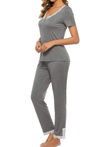 Sets Women Long Pajama Set Cotton Short Sleeve Tops & Pants Soft Pjs Loungwear Sleepwear Set - Grey - CJ18YYRMT6Q $21.10