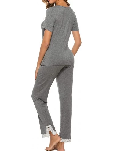 Sets Women Long Pajama Set Cotton Short Sleeve Tops & Pants Soft Pjs Loungwear Sleepwear Set - Grey - CJ18YYRMT6Q $21.10