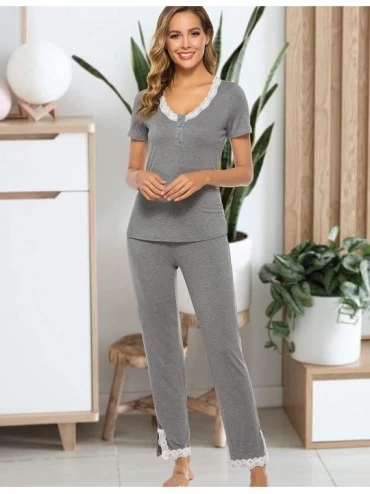 Sets Women Long Pajama Set Cotton Short Sleeve Tops & Pants Soft Pjs Loungwear Sleepwear Set - Grey - CJ18YYRMT6Q $21.10