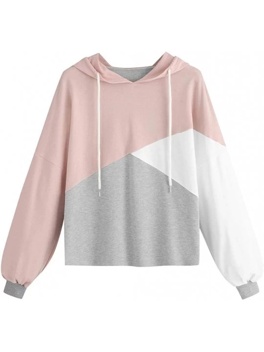 Tops Womens Autumn Long Sleeve Patchwork Drawstring Sweatshirt Hooded Pullover Tops - Pink - CV18WYRYQK7 $18.98