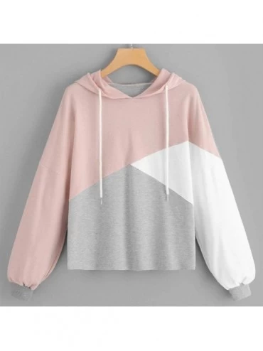 Tops Womens Autumn Long Sleeve Patchwork Drawstring Sweatshirt Hooded Pullover Tops - Pink - CV18WYRYQK7 $18.98