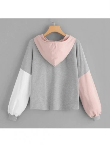 Tops Womens Autumn Long Sleeve Patchwork Drawstring Sweatshirt Hooded Pullover Tops - Pink - CV18WYRYQK7 $18.98