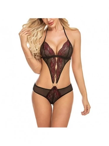 Baby Dolls & Chemises Women Deep V Halter Lingerie Teddy One Piece Babydoll Lace Up Mini Bodysuit - Red - CO197D7KXZ7 $8.28