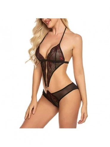 Baby Dolls & Chemises Women Deep V Halter Lingerie Teddy One Piece Babydoll Lace Up Mini Bodysuit - Red - CO197D7KXZ7 $8.28