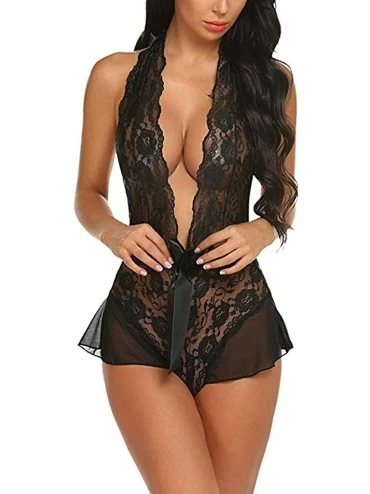 Baby Dolls & Chemises Women Lingerie Lace Halter Bodysuit Deep Plunge V Neck Babydoll Nightwear One Piece Nightgown - Black -...