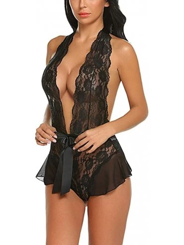 Baby Dolls & Chemises Women Lingerie Lace Halter Bodysuit Deep Plunge V Neck Babydoll Nightwear One Piece Nightgown - Black -...